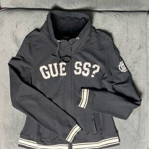 Guess Sz XL Women’s Cotton Zipper Black Jacket Silver lettering